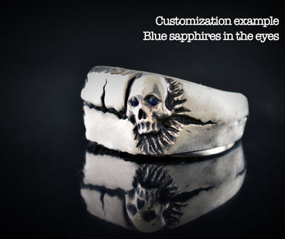 Silberner Totenkopfring, gebrochener quadratischer Siegelring mit geschnitztem Totenkopf, cooler Herrenring, Herrenschmuck, handgefertigter Ring