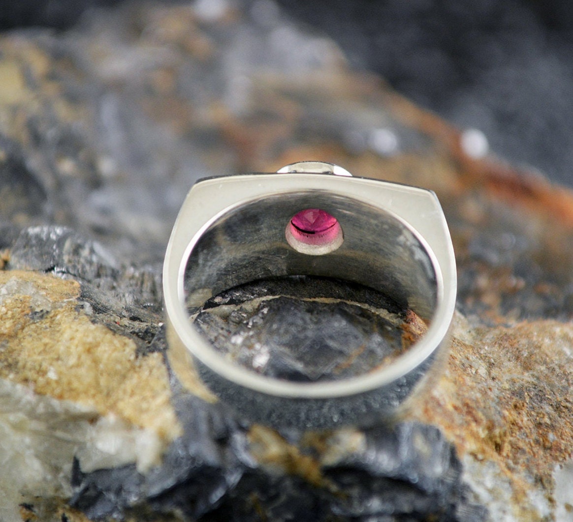 Solid silver straight band ring, Ruby solitaire ring, Men's wedding ring, Artisan ring, Handmade ring, Contemporary jewelry