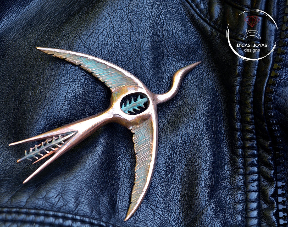 Broche bronce Pájaro, Ave Fenix Plata, Broche Grulla  Volando plata, Joyería  Naturaleza, Broche artístico, Hecho a mano - D´Cast