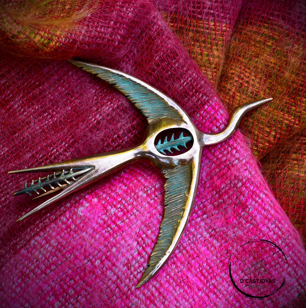 Broche bronce Pájaro, Ave Fenix Plata, Broche Grulla  Volando plata, Joyería  Naturaleza, Broche artístico, Hecho a mano - D´Cast