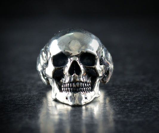 Anillo calavera completa de plata de ley maciza, Craneo humano realista, Joyería de motorista, Rock and Roll, Memento mori - D´Cast