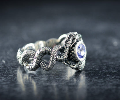 Anillo plata dragones, Solitario dragones con piedra azul, Anillo de compromiso, Regalo personalizado para Navidad - D´Cast