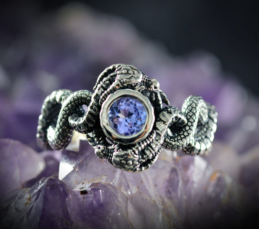 Anillo plata dragones, Solitario dragones con piedra azul, Anillo de compromiso, Regalo personalizado para Navidad - D´Cast