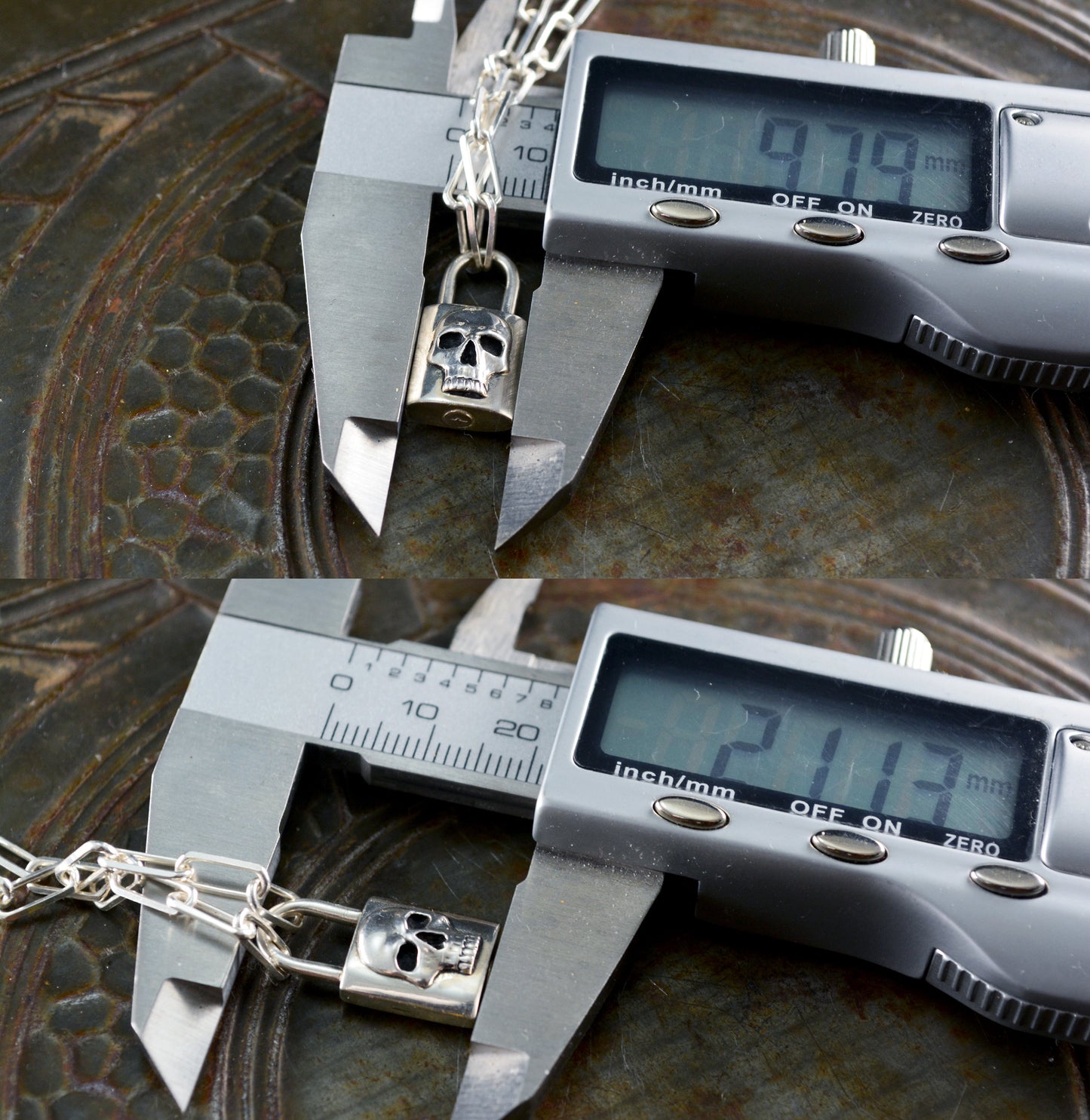Padlock choker with skull handmade in sterling silver, Padlock amulet with rectangular silver chain links