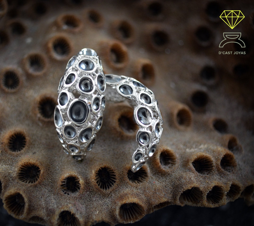 Pendientes  Plata Coral , Aros anchos de Plata, Coral Porite, Joyería de mar, Aros abiertos plata, Regalo para ella, Pendiente artesanal - D´Cast
