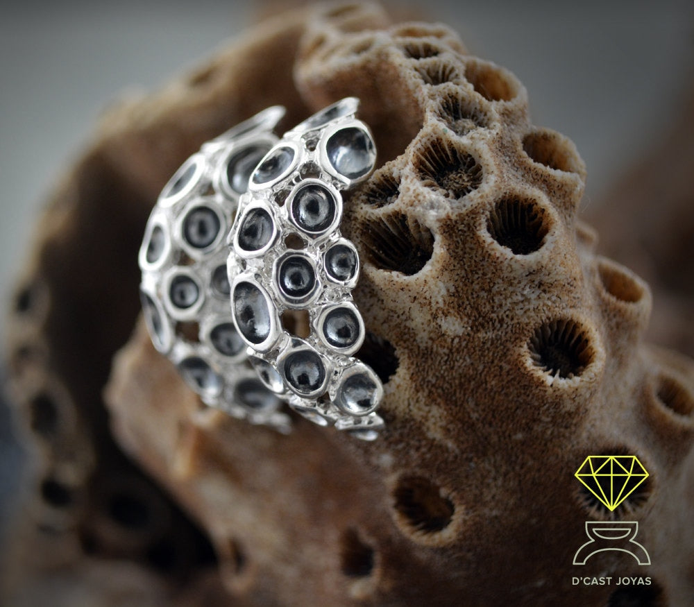 Pendientes  Plata Coral , Aros anchos de Plata, Coral Porite, Joyería de mar, Aros abiertos plata, Regalo para ella, Pendiente artesanal - D´Cast